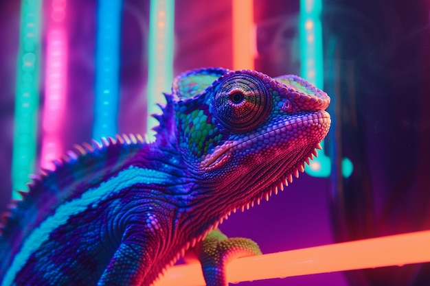 View of chameleon with bright neon colors