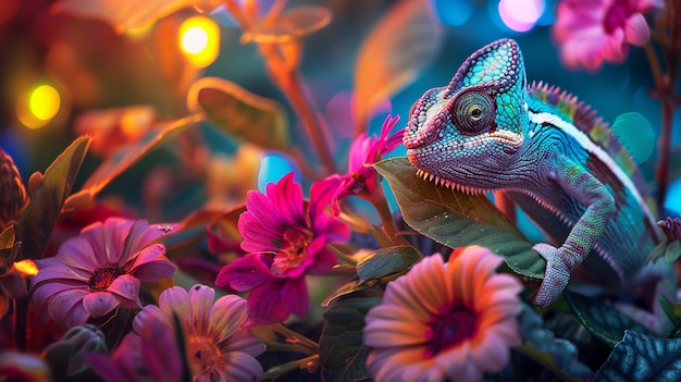 View of chameleon with bright neon colors