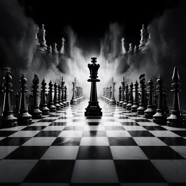 View of chess pieces with dramatic and mystical background