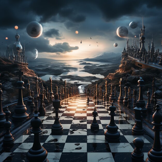 View of chess pieces with dramatic and mystical background