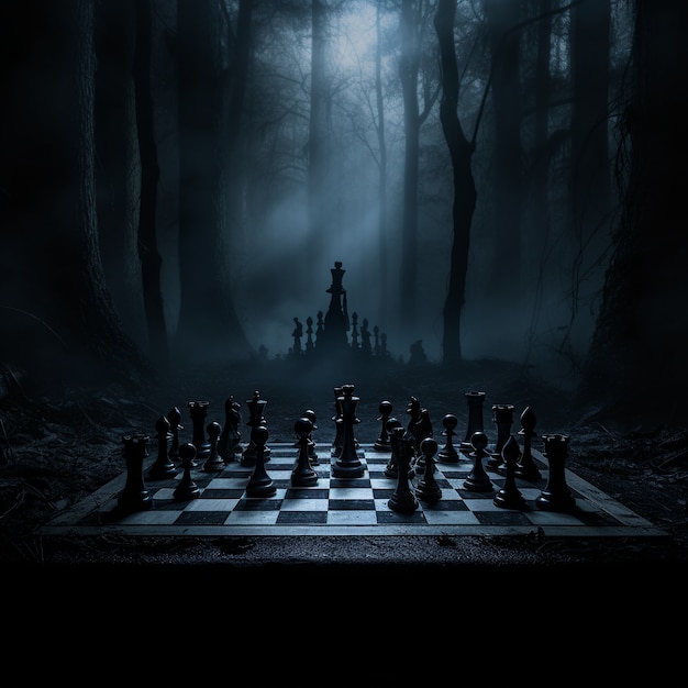 View of chess pieces with dramatic and mystical background