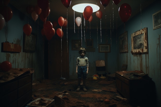 View of child in dark room with balloons