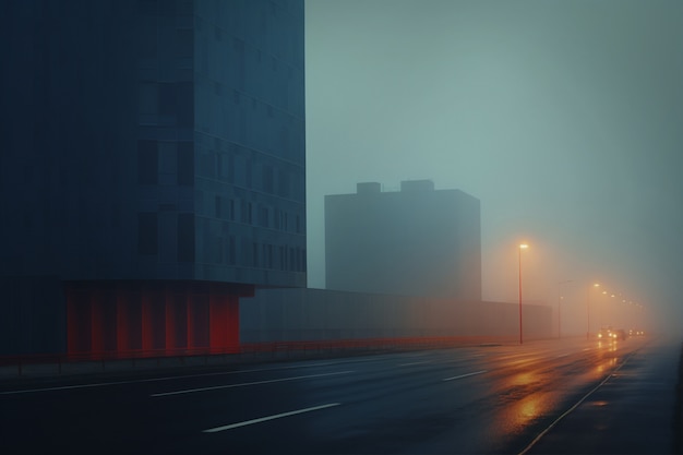 View of city architecture with fog