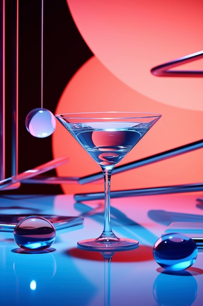 Free photo view of cocktail beverage in glass with abstract neo-futuristic set