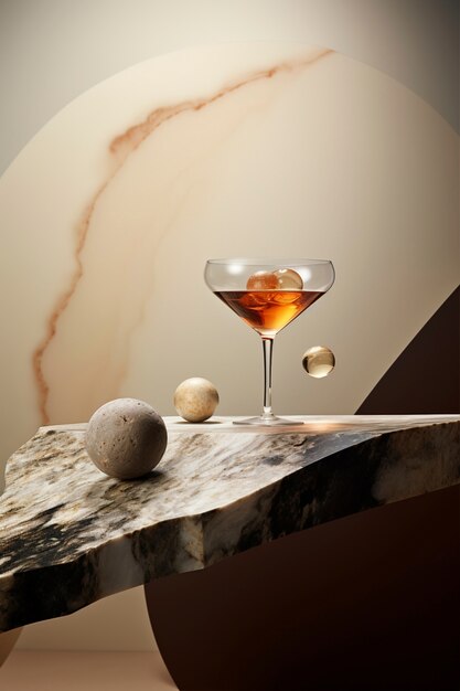 View of cocktail beverage in glass with abstract neo-futuristic set