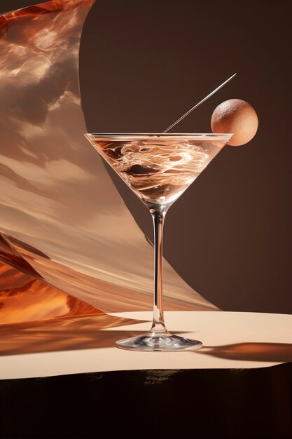 View of cocktail beverage in glass with abstract neo-futuristic set