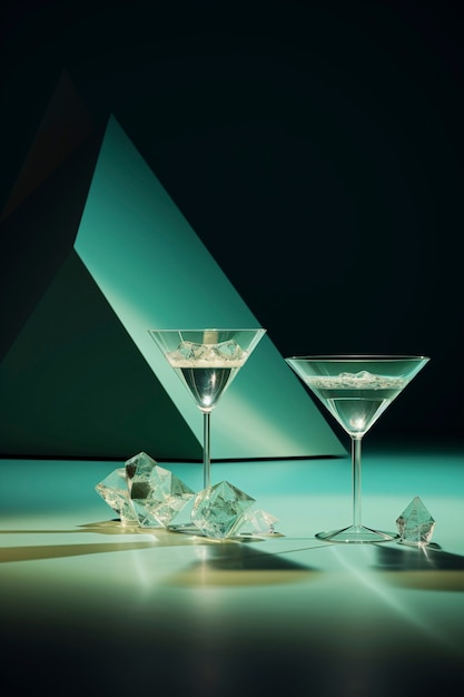 Free photo view of cocktail beverage in glass with abstract neo-futuristic set