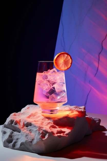 View of cocktail beverage in glass with abstract neo-futuristic set