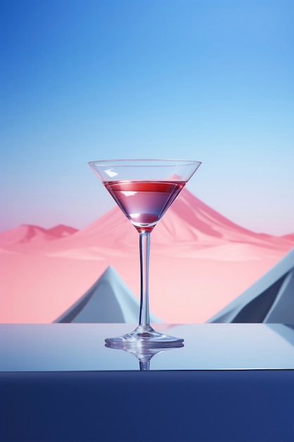 View of cocktail beverage in glass with neo-futuristic set