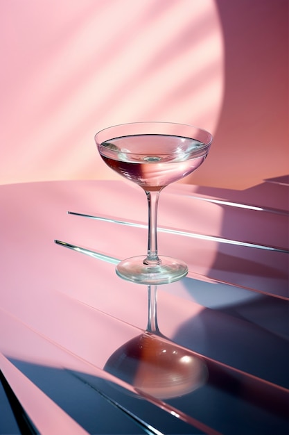 View of cocktail drink in glass with neo-futuristic set