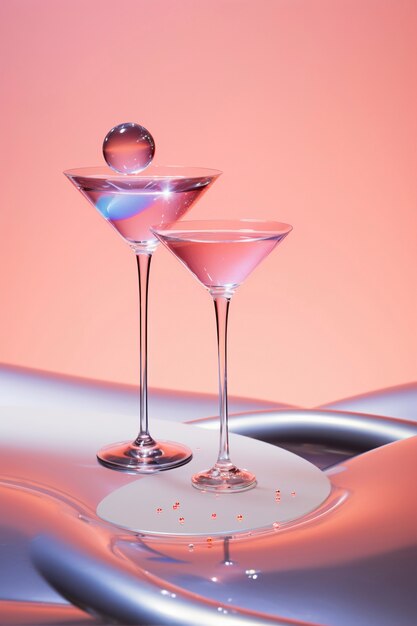 View of cocktail drink in glass with neo-futuristic set