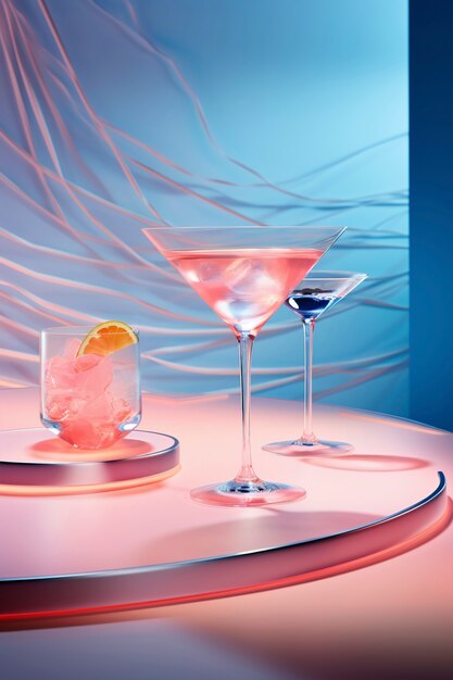 View of cocktail mix in glass with abstract neo-futuristic set