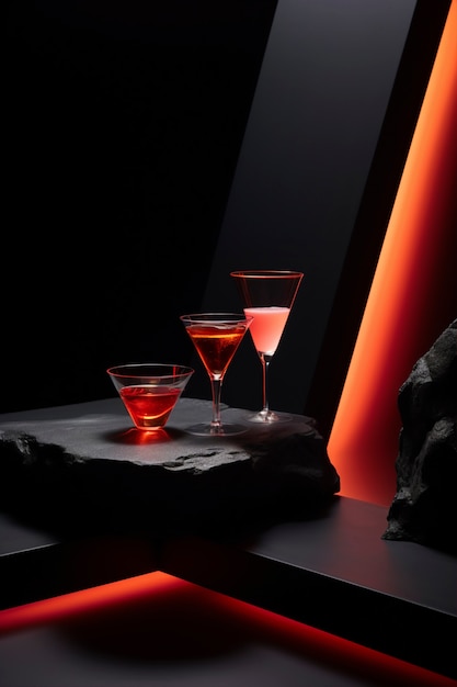 View of cocktail mix in glass with abstract neo-futuristic set