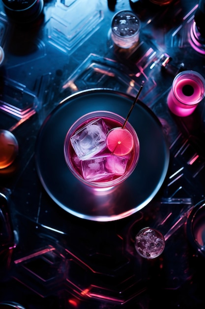 Free photo view of cocktail mix in glass with abstract neo-futuristic set