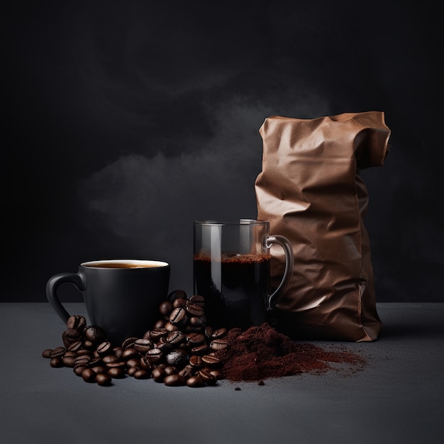 View of coffee cup with roasted coffee beans