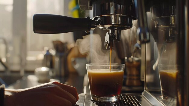 View of coffee machine making coffee at home