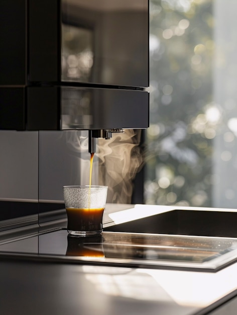 View of coffee machine making coffee at home