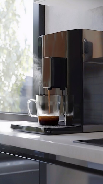 View of coffee machine making coffee at home