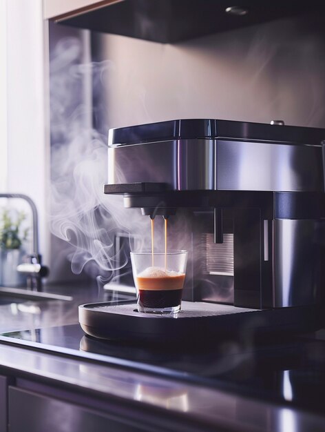 View of coffee machine making coffee at home