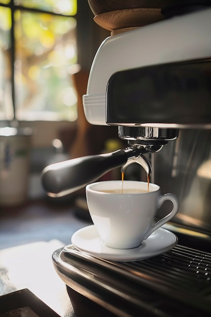 View of coffee machine making coffee at home