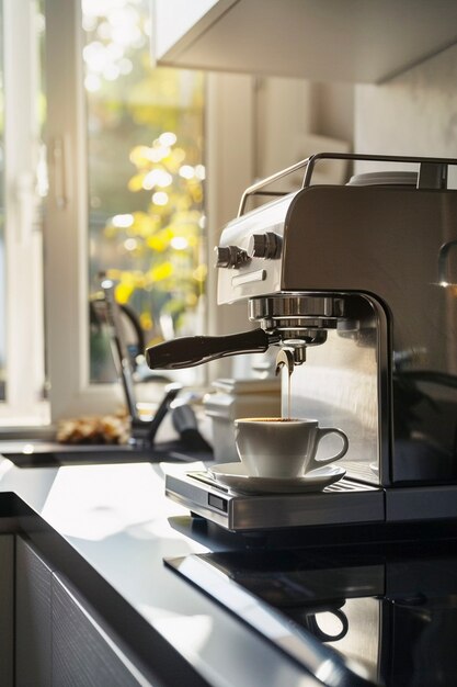 View of coffee machine making coffee at home