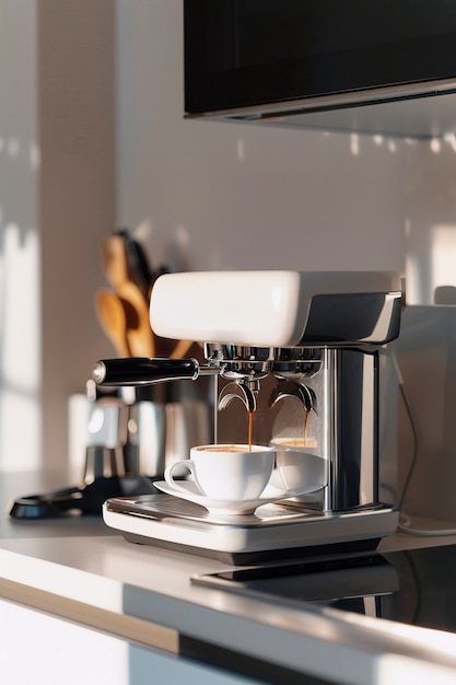 View of coffee machine making coffee at home