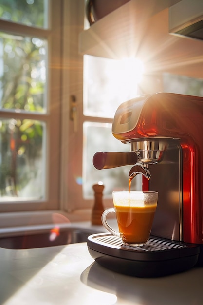 View of coffee machine making coffee at home