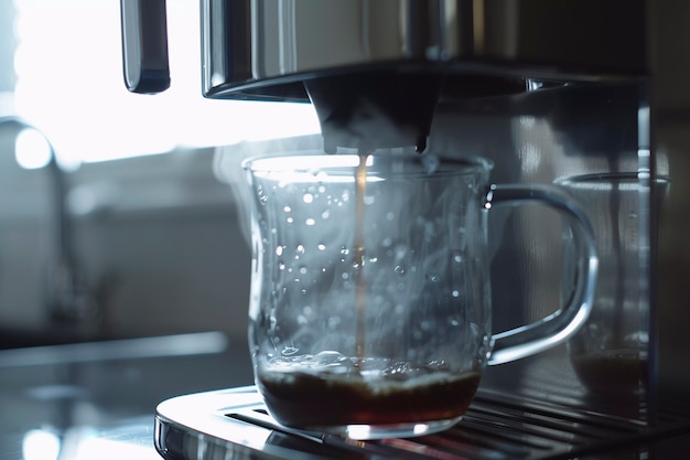 View of coffee machine making coffee at home