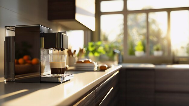 View of coffee machine making coffee at home