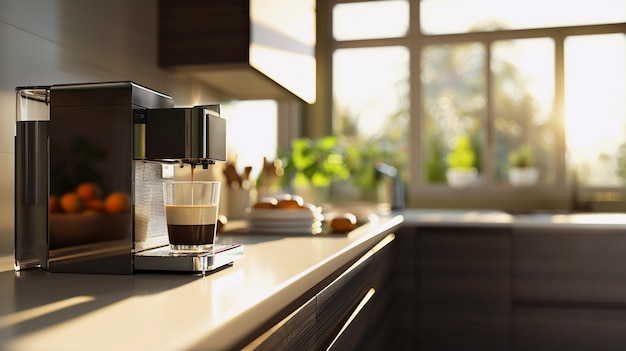 View of coffee machine making coffee at home