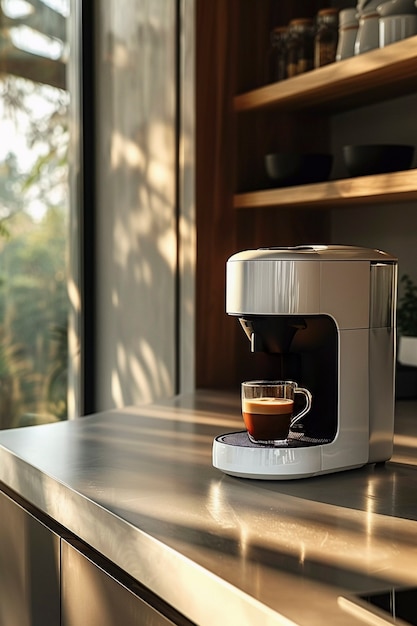 View of coffee machine making coffee at home