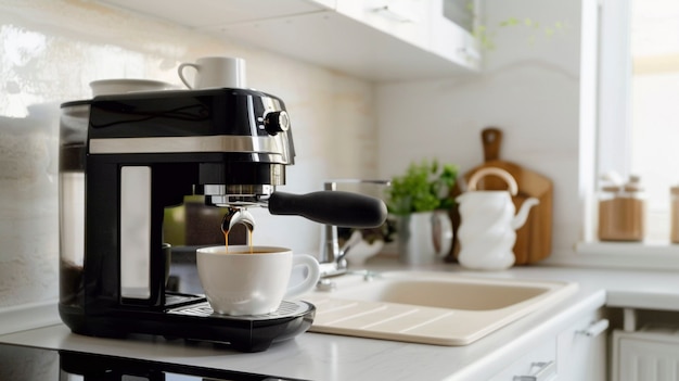 View of coffee machine making coffee at home