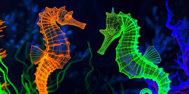 Free photo view of colorful bright neon lights seahorse animal