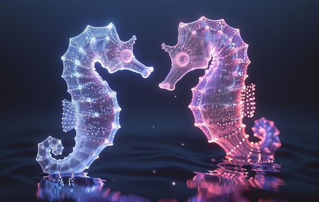 View of colorful bright neon lights seahorse animal