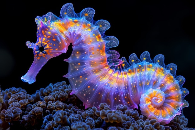 Free photo view of colorful bright neon lights seahorse animal