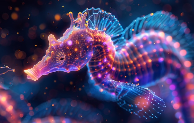 Free Photo view of colorful bright neon lights seahorse animal