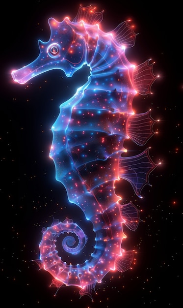 Free photo view of colorful bright neon lights seahorse animal