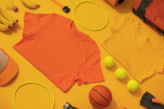 View of composition with neatly arranged and organized sport items