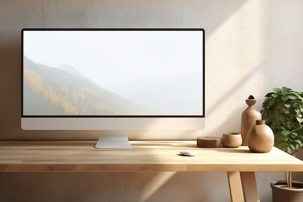 View of computer monitor display with desk