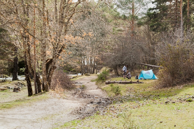 Free photo view of the countryside with girls next to the tent