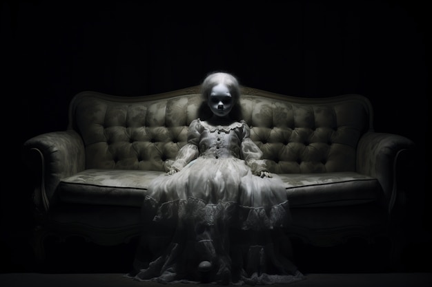 View of creepy doll on the couch