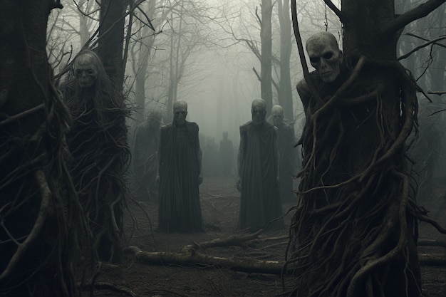 Free photo view of creepy entities in a foggy forest