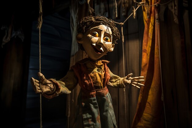 View of creepy looking wooden puppet with ropes