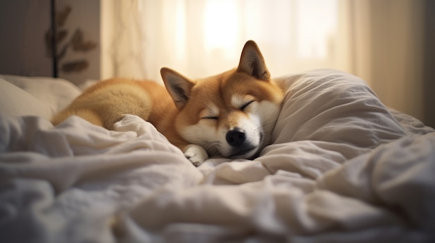 Free photo view of cute dog sleeping on bed