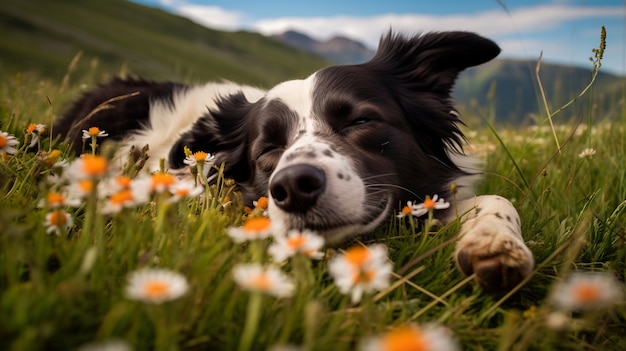 Free photo view of cute dog sleeping outdoors in nature