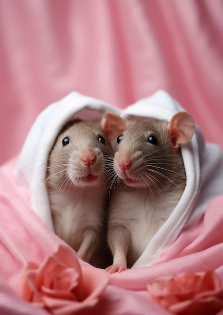 Free photo view of cute rats in blanket