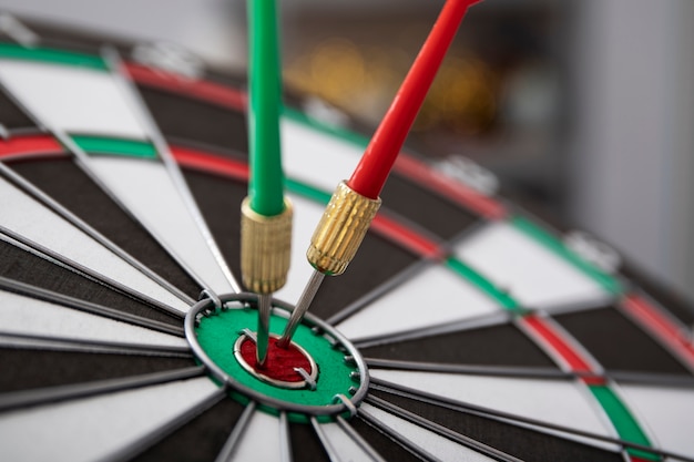 View of dartboard with bullseye arrow points