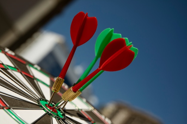 View of dartboard with bullseye arrow points