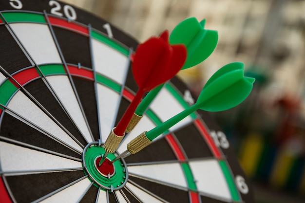 View of dartboard with bullseye arrow points