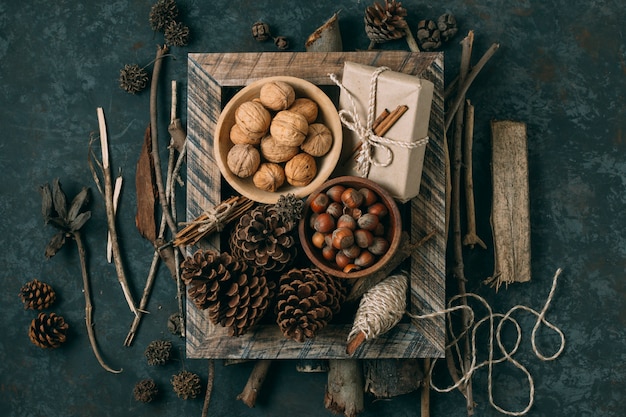 Above view decoration with nuts and pine cones